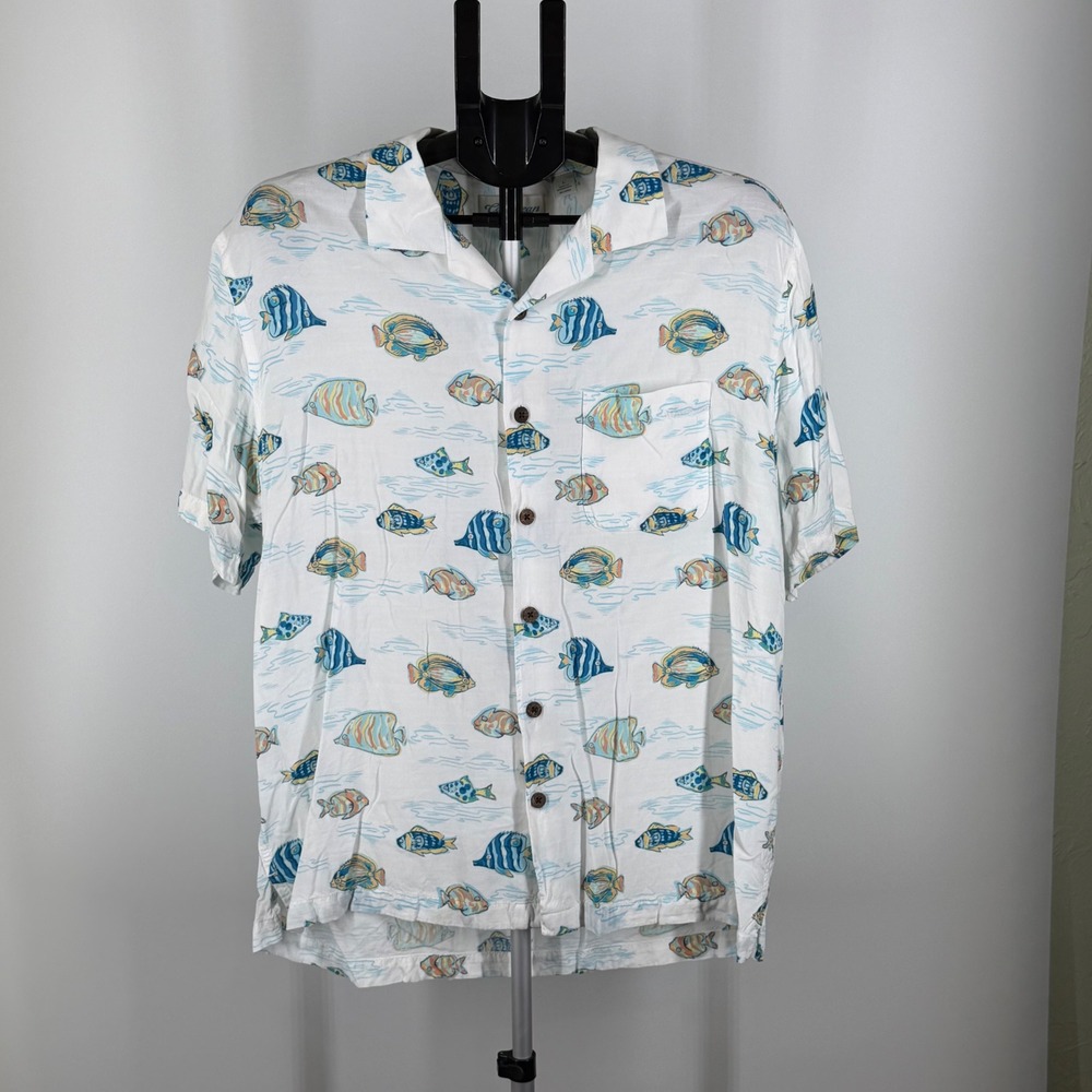 Caribbean Mens Tropical Fish Print Short Sleeve Button Down Shirt White L‎